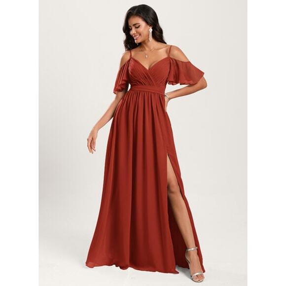 Rust Burnt Orange Off Shoulder Maxi Dress Flowy Formal Gown Bridesmaid Size 16 - Picture 1 of 11